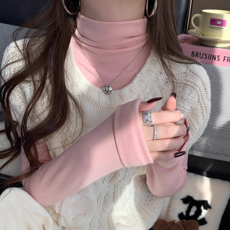 Pink Turtleneck Bottoming Shirt for Women, Autumn and Winter 2025 New Style Pile Collar Plus Velvet Thickened Top