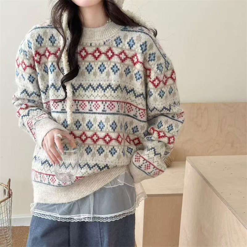 韩系复古提花毛衣女2025秋冬新款时尚气质百搭减龄宽松套头针织衫