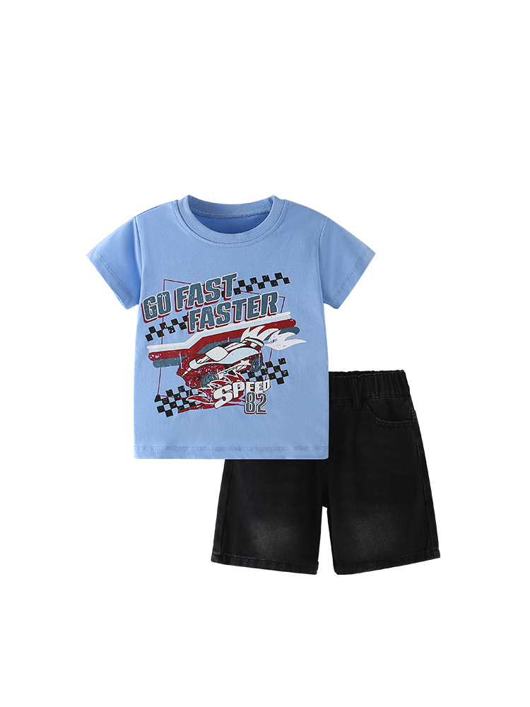 Traje de niño malwee transfronterizo verano nuevo estilo europeo y americano para niños pequeños y medianos camiseta de manga corta con cuello redondo jeans para niños