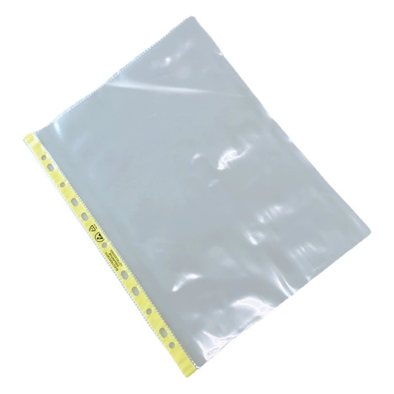 Антистатический перфорированный пакет для файлов ESD с желтым краем, прозрачный пакет для файлов с 11 отверстиями, сумка для файлов с отрывными листами, сумка для файлов формата А4 А3