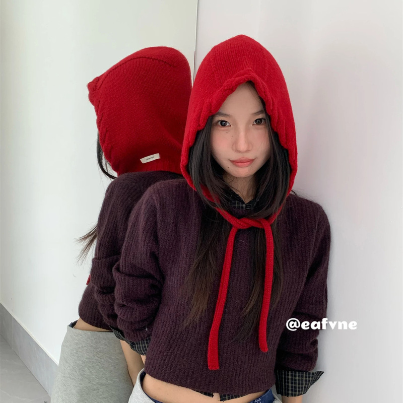 Korean order~100% wool balaclava hat with drawstring, knitted wool hat, ear-covering, warm, for women, autumn and winter