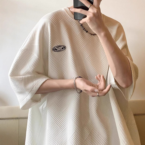 Waffle Short-sleeved Men's Summer American-style Loose Round-neck T-shirt Trendy Brand Label Simple Half-sleeved Couple's Casual T-shirt