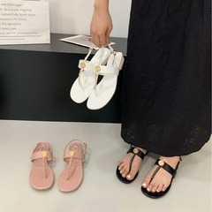 1188-2~粗跟法式小香風夾趾涼鞋女鞋子2024年夏季新款沙灘羅馬鞋