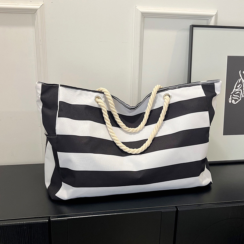 Bolsa Tote de Lona a Rayas de Lona Gran Capacidad con Cierre para Viajes, Compras y Playa image 7