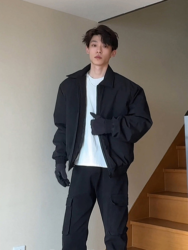 Black Cleanfit Cotton Jacket for Men - Spring and Autumn, American Style, Bulky, Short, Wide, Square Shoulders, Administrative Jacket, Trendy