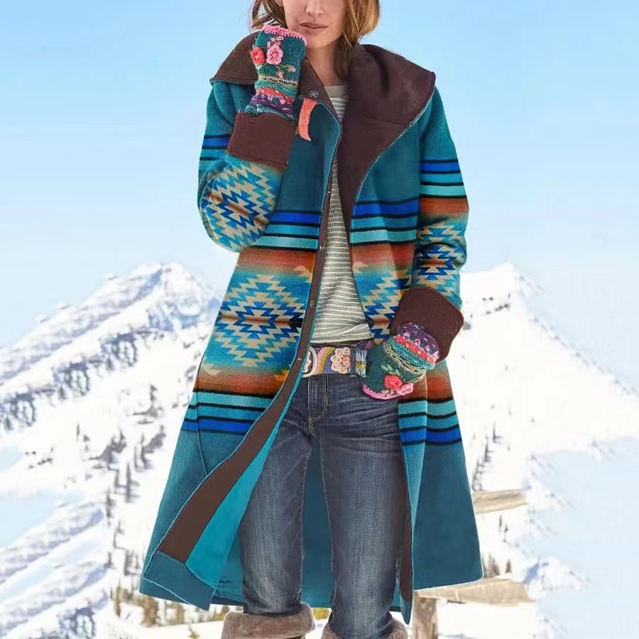 WT1129 Otoño e invierno nueva ropa de mujer de comercio exterior transfronterizo Amazon chaqueta de lana de manga larga estampada de longitud media nuevo estilo