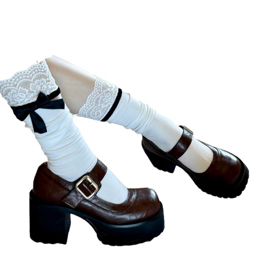 Pure Desire Versatile Japanese Cotton Knee-High Socks with Lace Edge and Bow Detail, Mid-Calf Socks for JK Lolita Everyday Mary Jane Socks