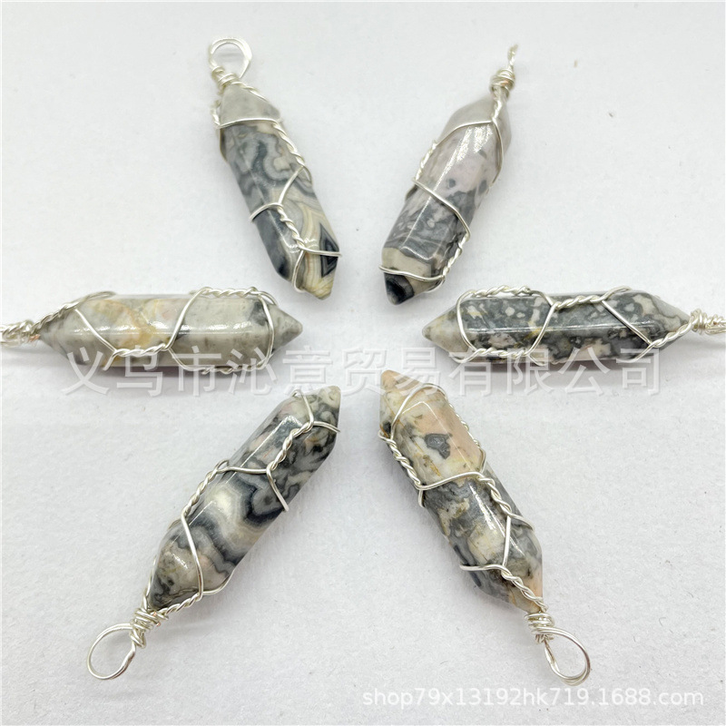 Comercio exterior caliente bobina hexagonal columna colgante collar de cristal natural hecho a mano de plata hilo bala joyería al por mayor