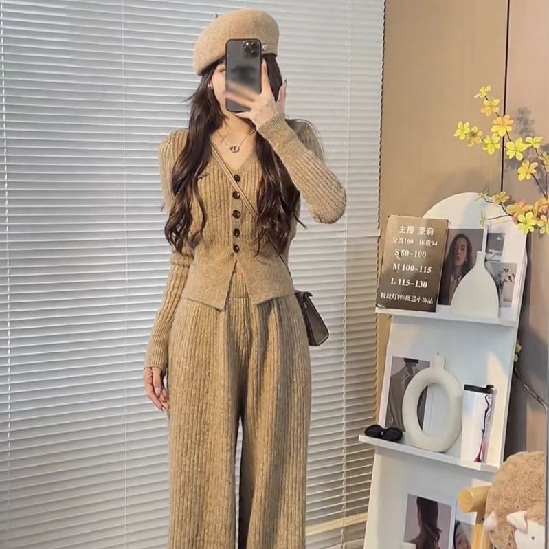 Autumn 2024 New Slim Elegant Casual Fashion V-Neck Short Sweater Knitted Top High Waist Wide Leg Pants for Women