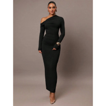 W 36346 Solid Slant Shoulder Dress ��ɫб�糤ȹ�羳����