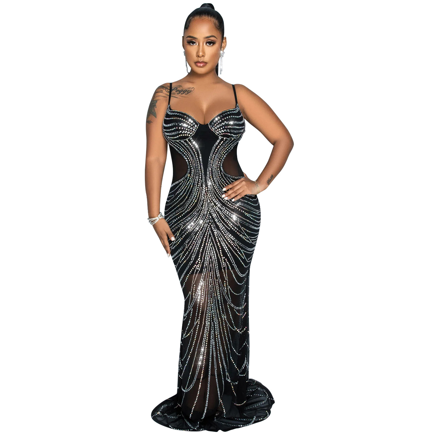 C6820 transfronterizo AliExpress Amazon europeo y americano de las mujeres de moda de color sólido vestido de la correa de malla rhinestone vestido image 7
