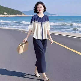 2026夏季新款素雅女装复古洋气拼接宽松衬衫松紧腰九分阔腿裤套装