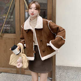 复古棕羊羔毛仿皮毛一体外套女冬款小个子韩系减龄时尚保暖高级感