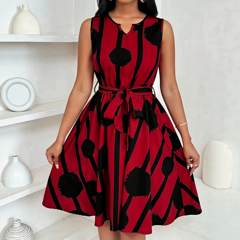 Cross-border 2026 Summer Abstract Print Sleeveless Dress for Women V-neck Waist-Cinching Tie A-line Tank Dress from Source Factory