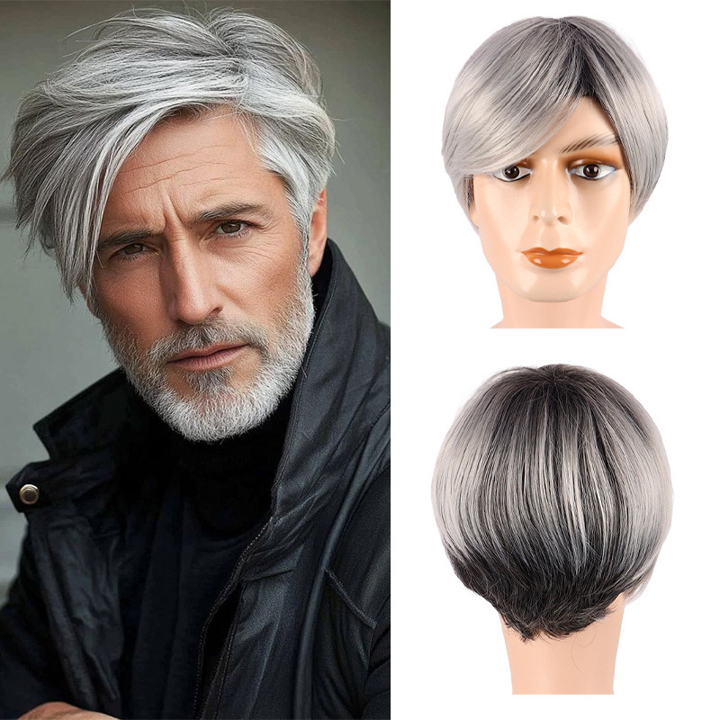 中高年男性向けショートヘアウィッグ グレーパートショートストレートヘア 化学繊維高温シルクヘッドギア メーカー在庫あり|undefined