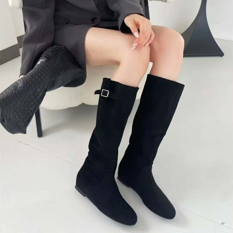 小个子内增高女西部牛仔靴2025新款高筒骑士靴磨砂牛皮褶皱堆堆靴|undefined