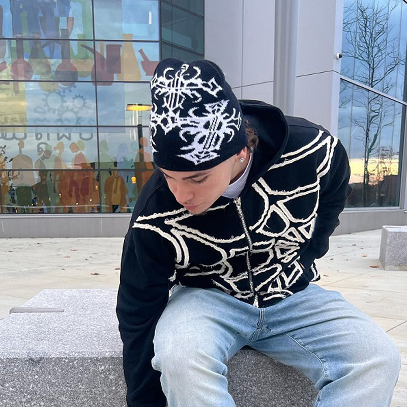 Herenkleding spinnenprint patchwork design losse rits capuchon trendy sport straat sweatshirt_voghion.com