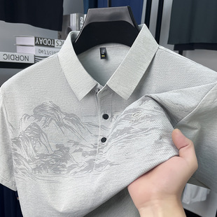 Summer New Ice Silk Polo Shirt Short-Sleeved Men's T-Shirt National Style Trendyy Fashion Lapel Thin Loose Men's T-Shirt