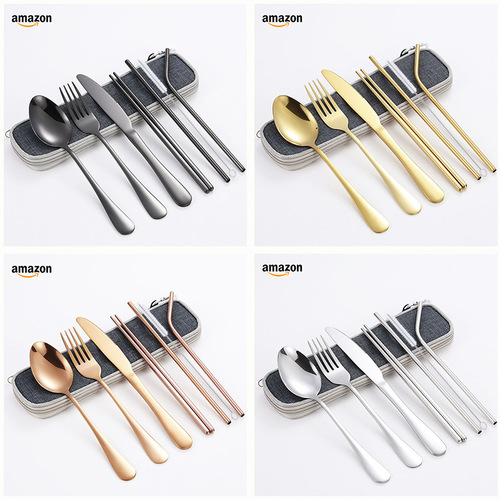 Outdoor tableware set, stainless steel knife, fork, spoon, chopsticks and straws, eight-piece set, cross-border mountaineering and camping portable tableware bag