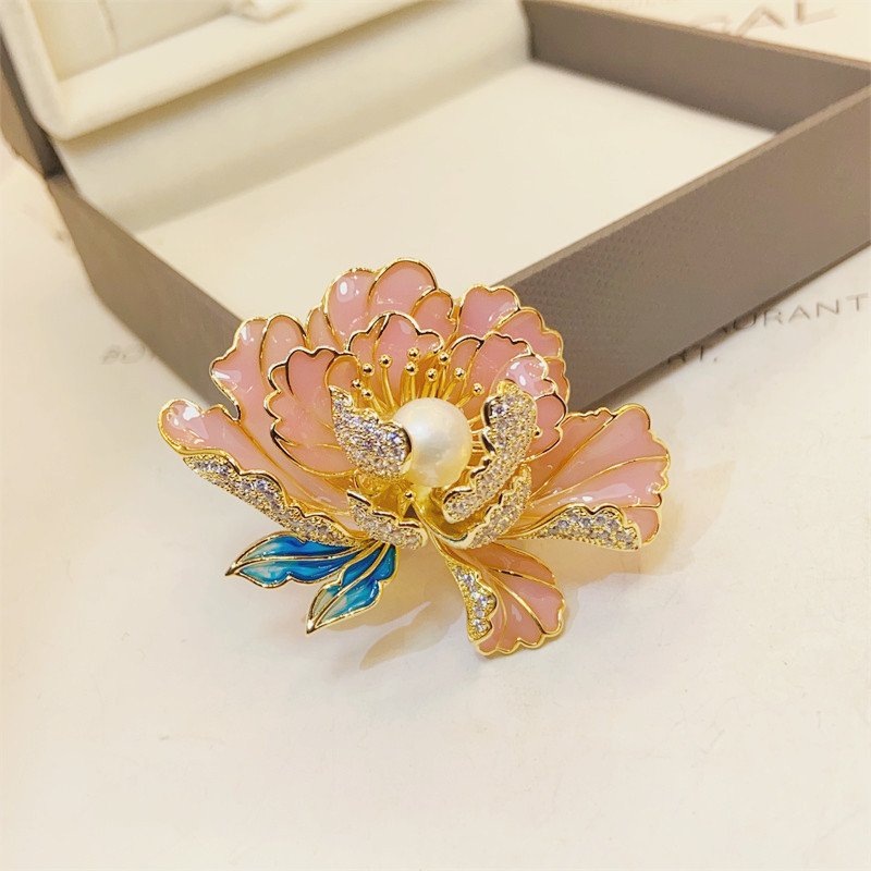 Classical Enamel Peony Flower Brooch Natural Freshwater Pearl Exquisite High-grade Chinese Style Cheongsam Hanfu Accessories Pin