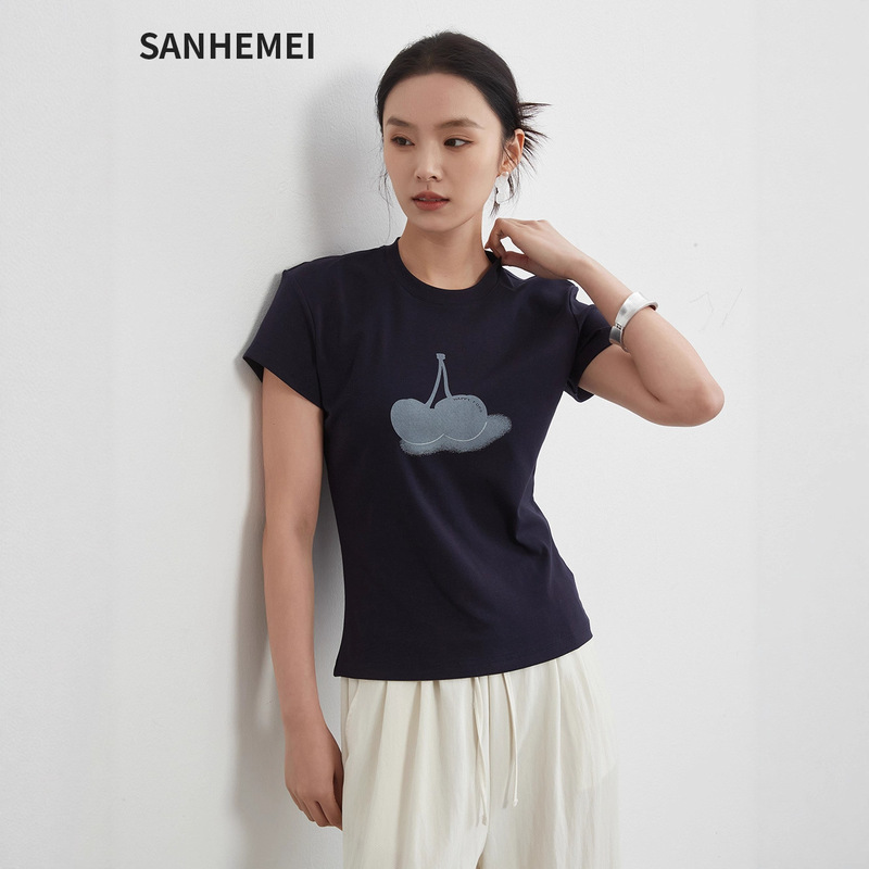 26 New European and American Style Simple Fashion Casual Fruit Print Round Neck Short-Sleeved Bottoming Top Cherry T-Shirt for Girls
