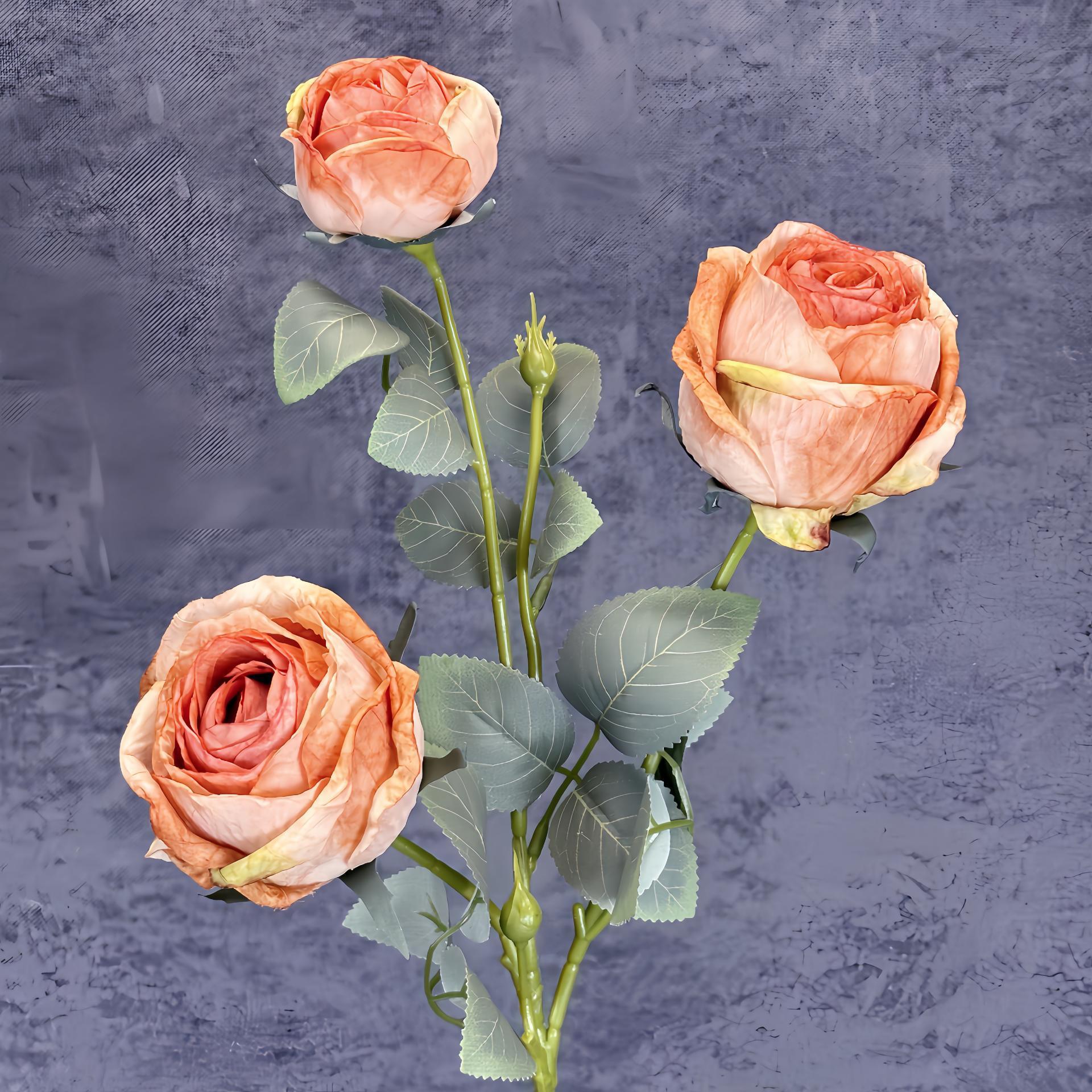 Nuevo 3 cabezas de pintura al óleo asado borde rosa simulación flor boda decoración del hogar decoración de flores falsas transfronterizas al por mayor