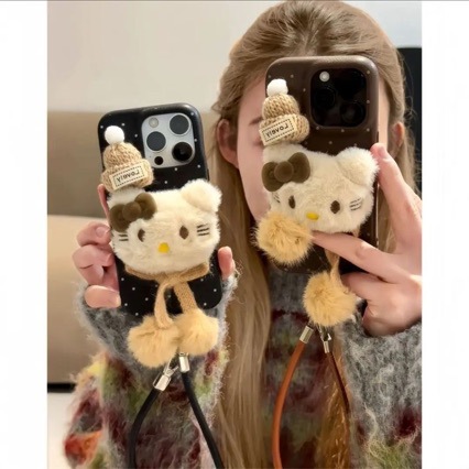 Suitable for Apple 16Promax Plush Hat Kt Hair Ball Iphone13 Sweet Tpu Mobile Phone Protective Cover 14P