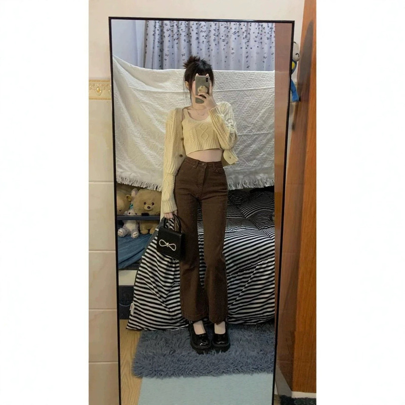 Brown Flared Jeans for Women, Summer 2026 New High-Waisted Slimming Straight-Leg Floor-Length Pants Brown Flared Jeans for Women, Summer 2026 New High-Waisted Slimming Straight-Leg Floor-Length Pants