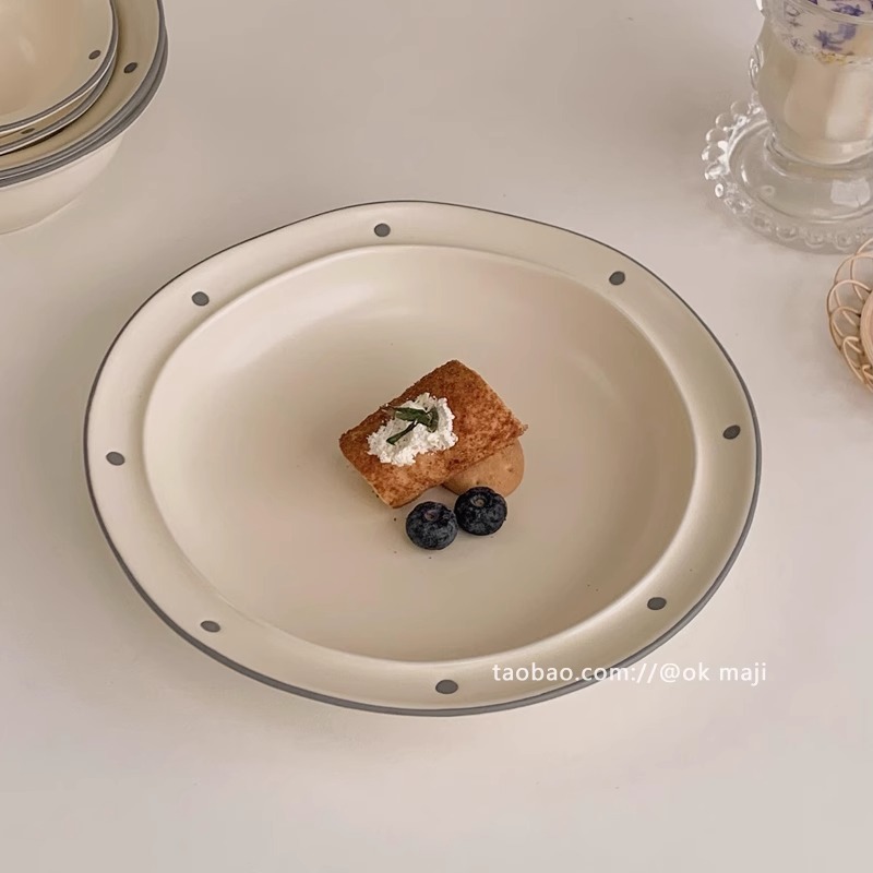 Ok Maji Korean Ins Style Matte Polka Dot Pasta Plate Restaurant Dessert Shop Good-Looking Ceramic Tableware Deep Plate