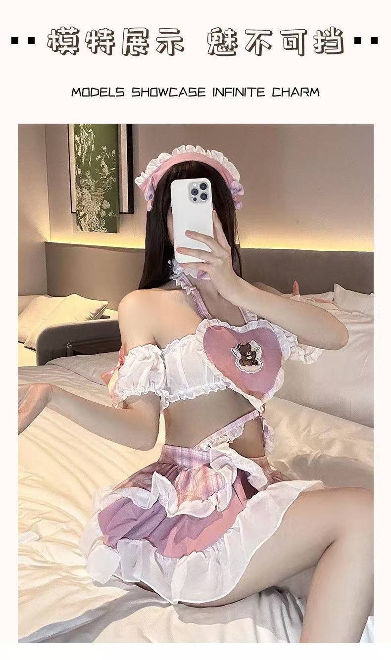 Moe Q Maid Uniform Lingerie Set with White Bodystocking, Chiffon Fabric — detail image 9