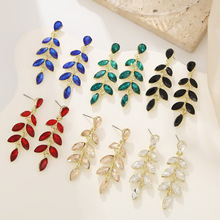 跨境镶钻柳条形耳坠气质时尚婚庆新娘耳饰个性夸张长款流苏耳环