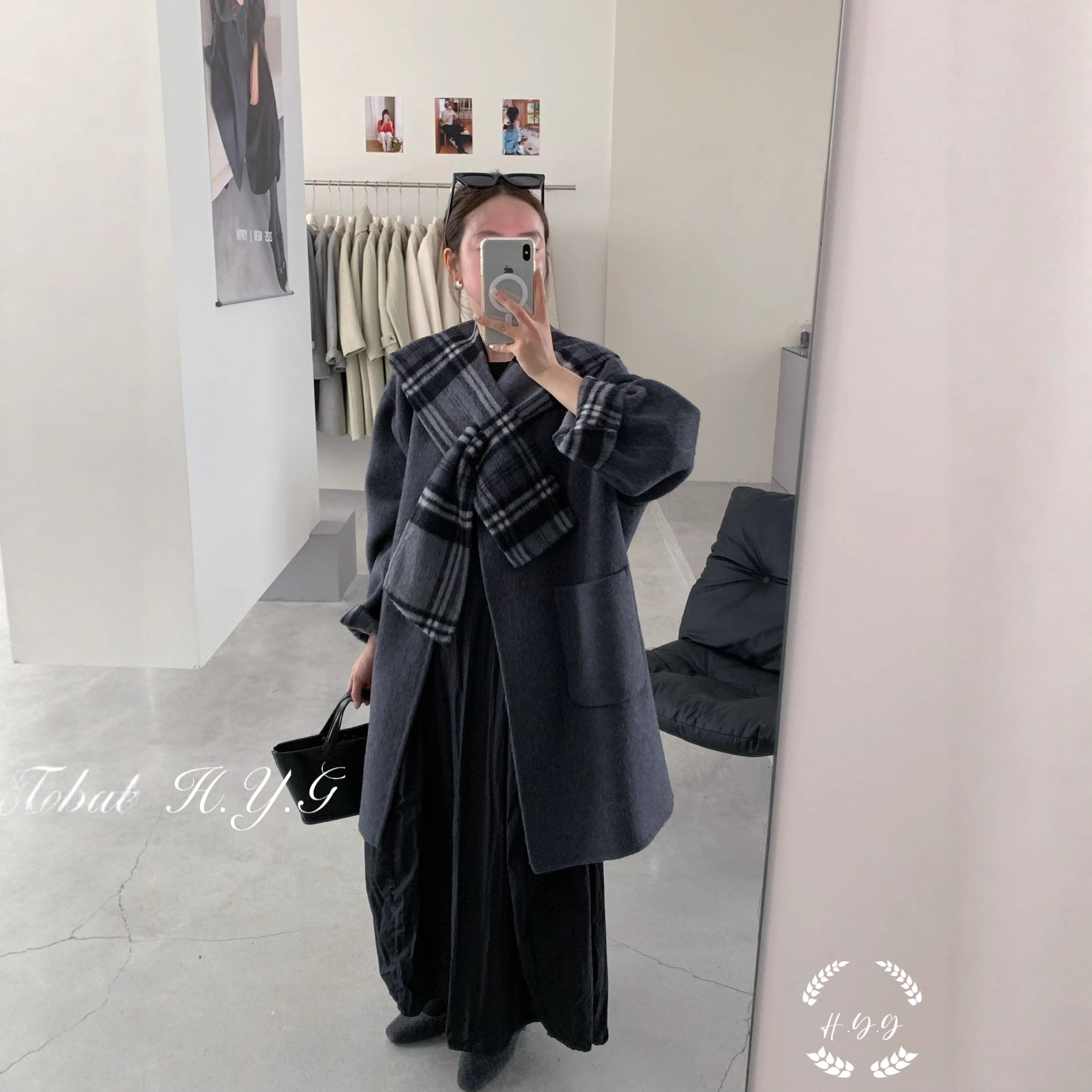 【园游会】秋冬新款格纹围巾双面羊毛大衣中长款宽松显瘦外套女