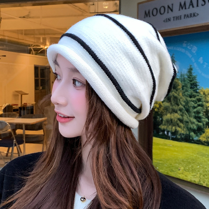 针织堆堆帽子女秋冬保暖月子帽春秋护耳毛线帽显脸小套头帽潮冷帽|undefined
