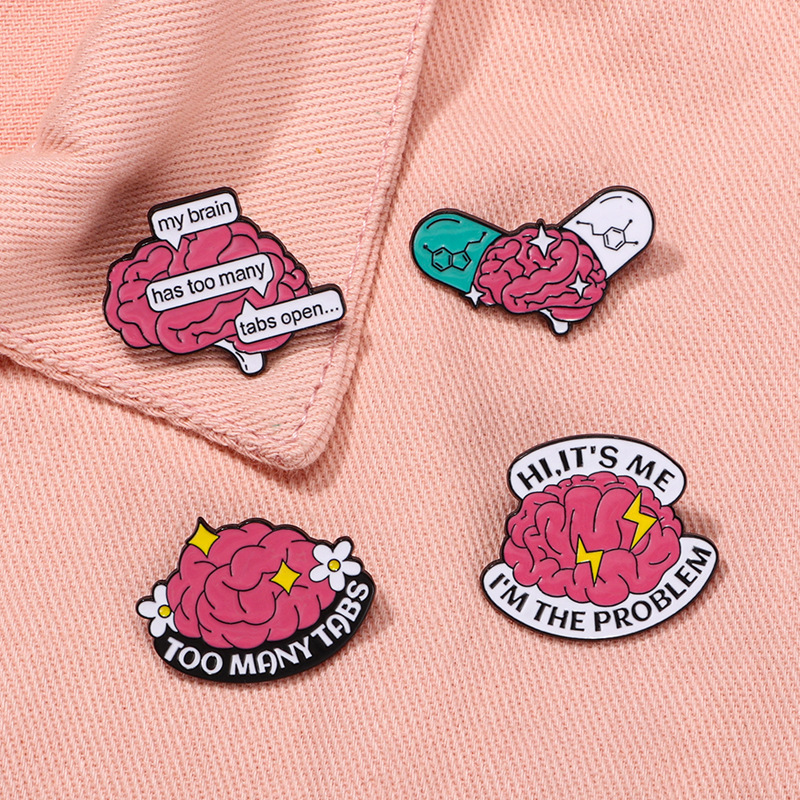 Cross-Border Hot Selling Human Tissue and Organ Metal Brooch English Letters Clothing Accessories Red Brain Cartoon Badge