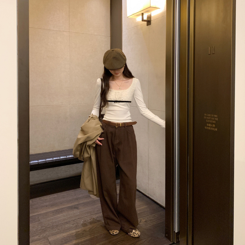 韩系chic别致蕾丝拼接方领纯欲长袖T恤女2025春秋季新款修身上衣|undefined