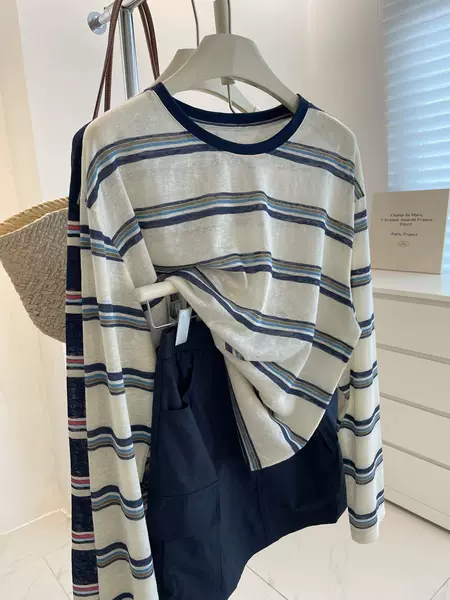 [Factory Ready Stock] Retro White Contrasting Collar Stripesd Sun Protection Shirt for Women, Loose and Slim Long-Sleeved T-Shirt