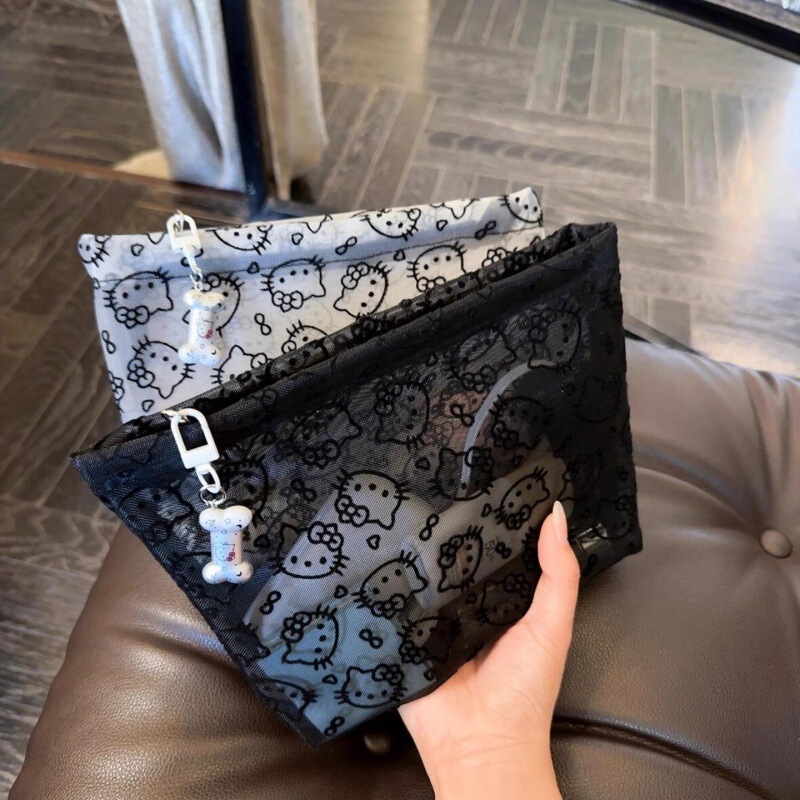 Summer ins style cute cat black mesh makeup bag with simple makeup storage bag factory wholesale
