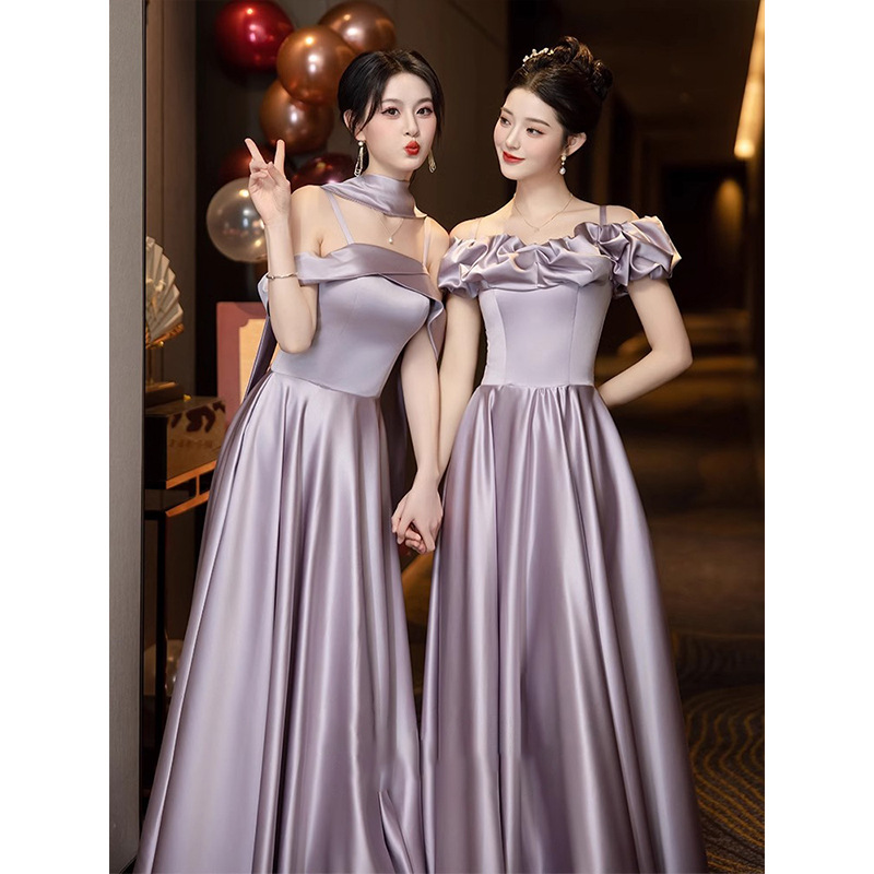 Satin Bridesmaid Dress for Women 2026 Spring New French Unique Fashion Purple Fairy Sister Group Slimming Dress