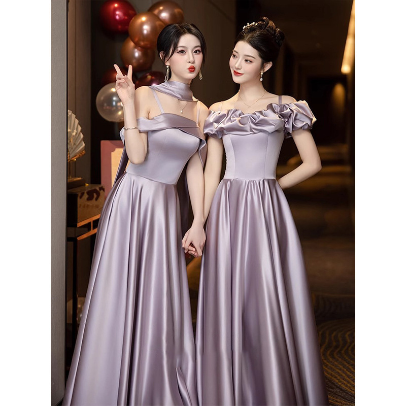 Satin Bridesmaid Dress for Women 2026 Spring New French Unique Fashion Purple Fairy Sister Group Slimming Dress Satin Bridesmaid Dress for Women 2026 Spring New French Unique Fashion Purple Fairy Sister Group Slimming Dress