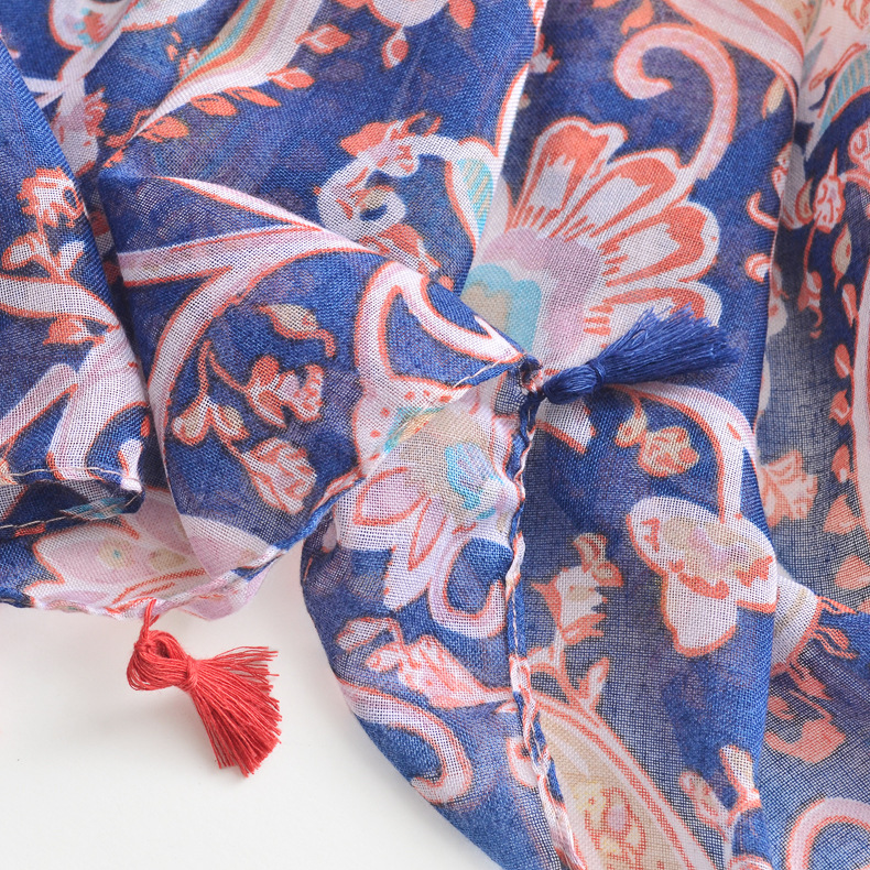 Nuevo estilo étnico retro anacardo impreso bufanda primavera y verano delgada transpirable viaje protector solar playa toalla borla bufanda