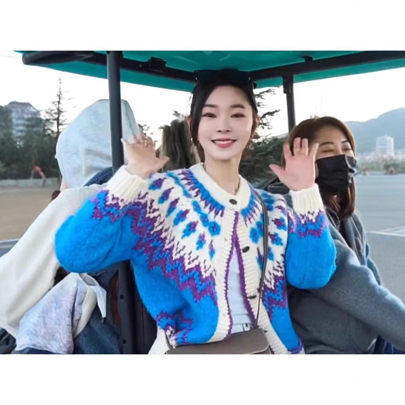 现货韩国小众潮牌针织衫开衫复古撞色提花费尔岛毛衣女外套|undefined