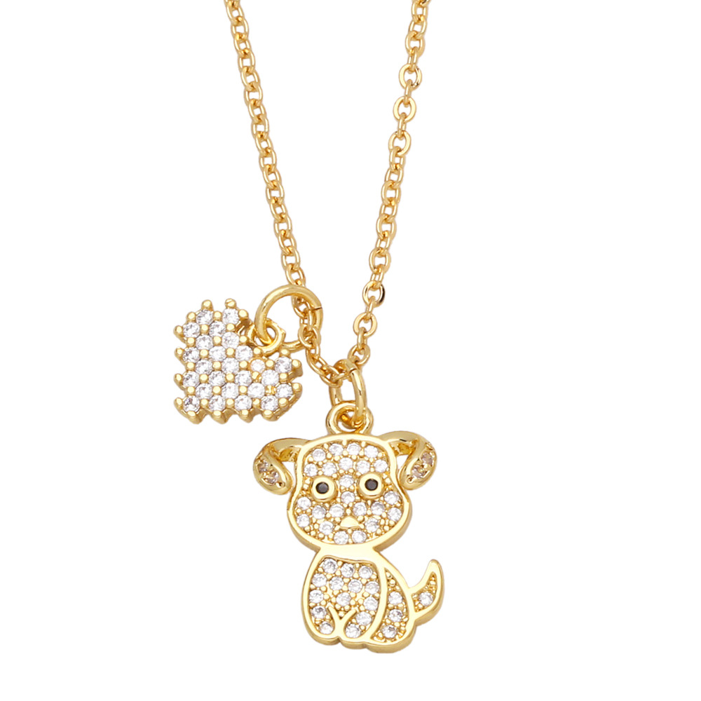 cute animal diamond-encrusted heart shape kitten puppy double pendant copper necklace collarbone cha