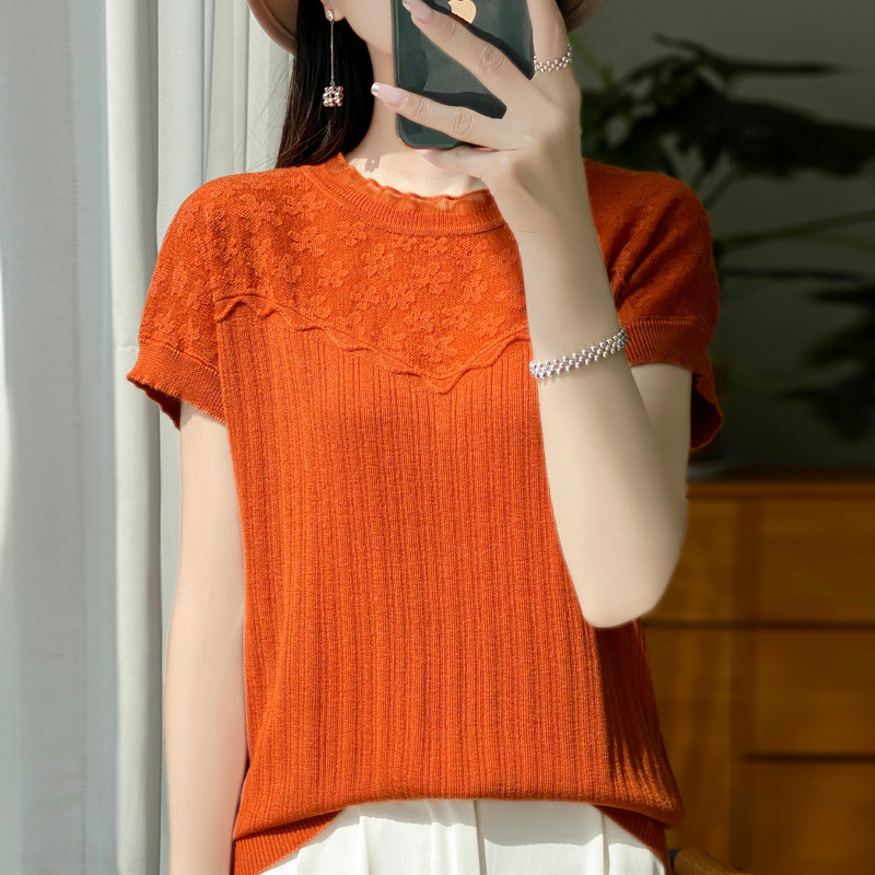 2026 New Lace Round Neck Short Sleeve Ice Silk Summer Women's Top…