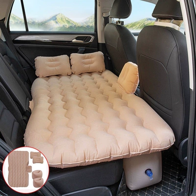 air mattress, travel bed, sleeping | Vehicle-mounted inflatable bed - default-item-thickened-flocked-wave-patterned-double-storage-ottoman-in-beige-electric-pump