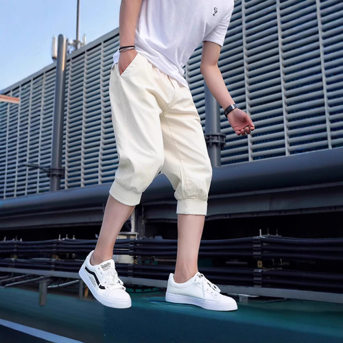 Men's Summer Loose Thin 7/8 Length Ice Silk Straight Leg Elastic Shorts