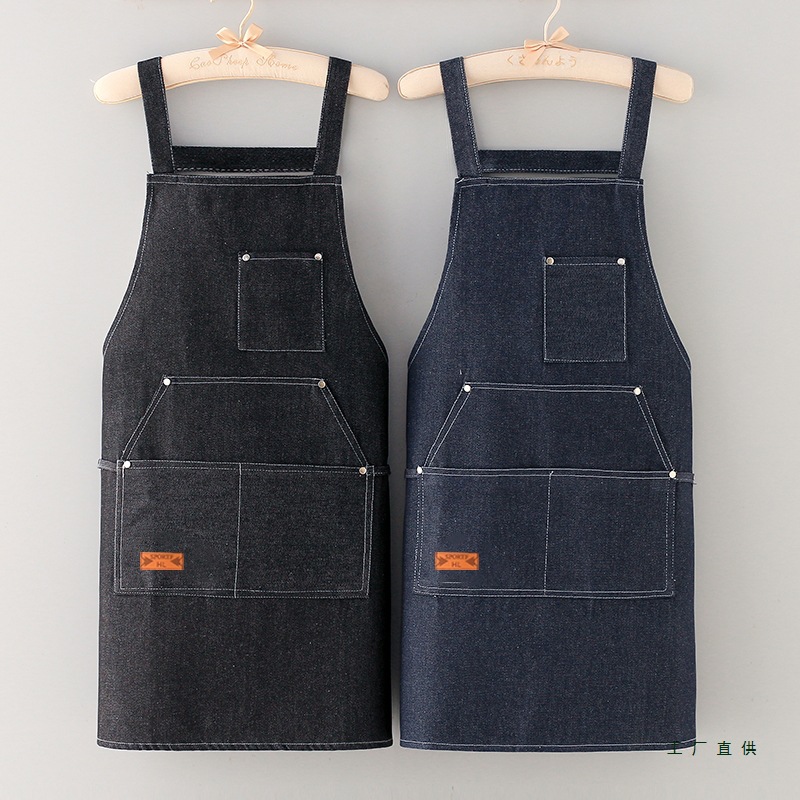 透气耐磨牛仔围裙女厨房家用围兜餐饮火锅店工作服男定 制LOGO印