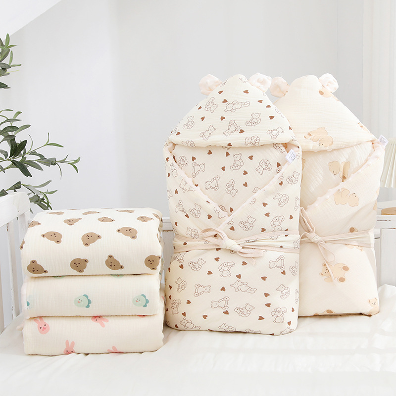 儿童夹棉抱被纯棉新生儿宝宝带帽防风豆豆盖毯包被秋冬卡通花抱毯