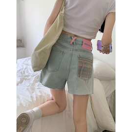 辣妹牛仔裤女夏季2025年新款撞色刺绣流苏毛边热裤a字高腰短裤子