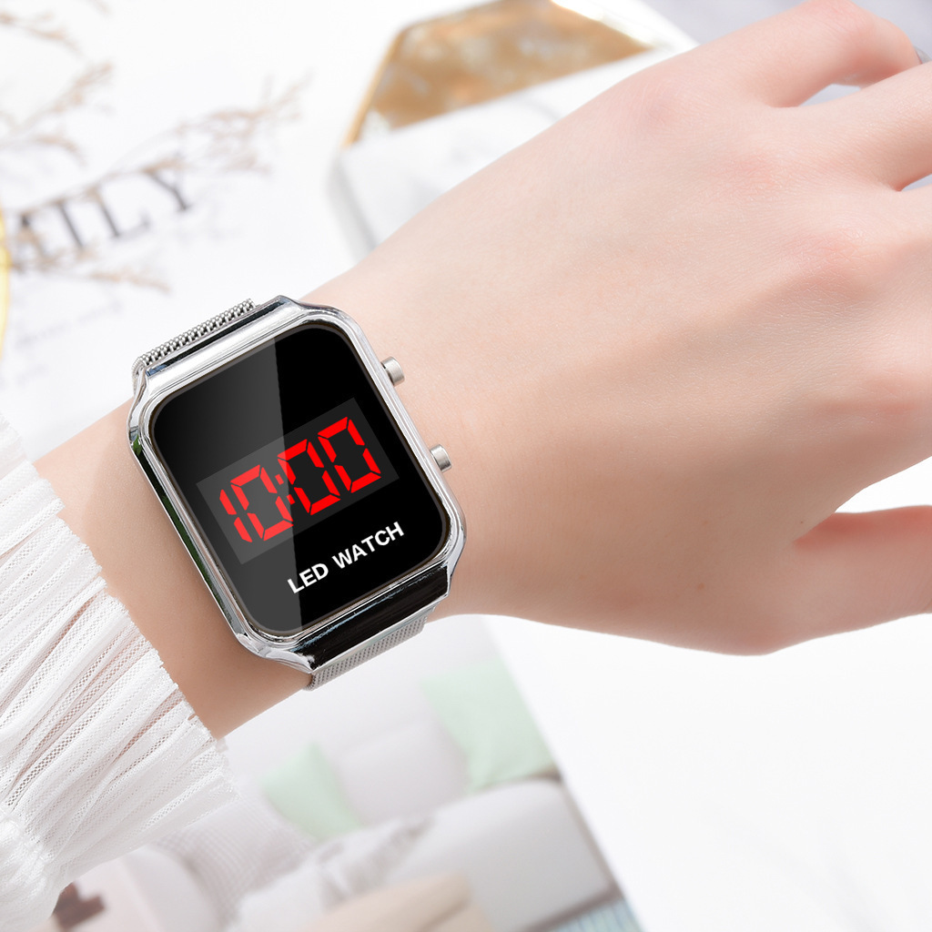 Hot selling push-button electronic watch student sports personality magnet buckle mesh belt led watch_voghion.com