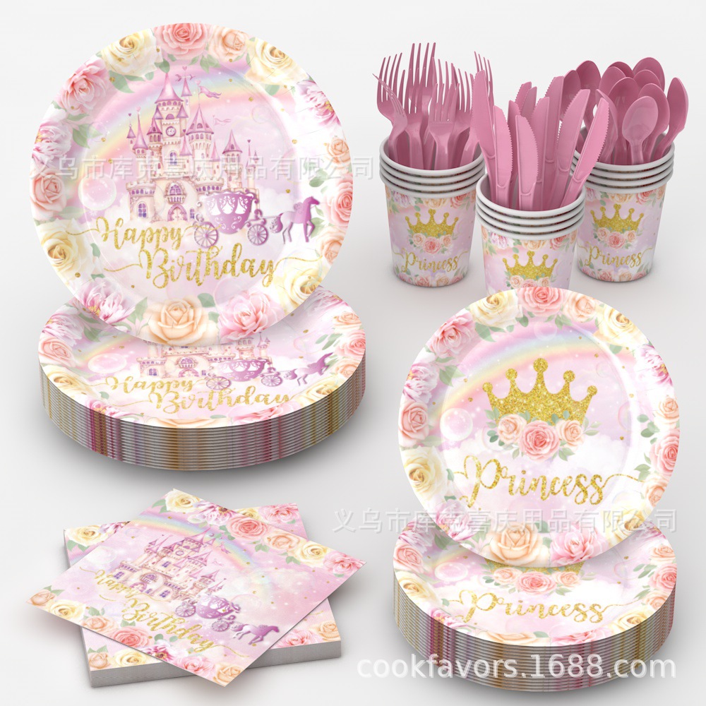 Nuevo castillo de ensueño tema de fiesta de cumpleaños artículos de decoración público bandeja de papel desechable taza de papel conjunto de decoración de toallas